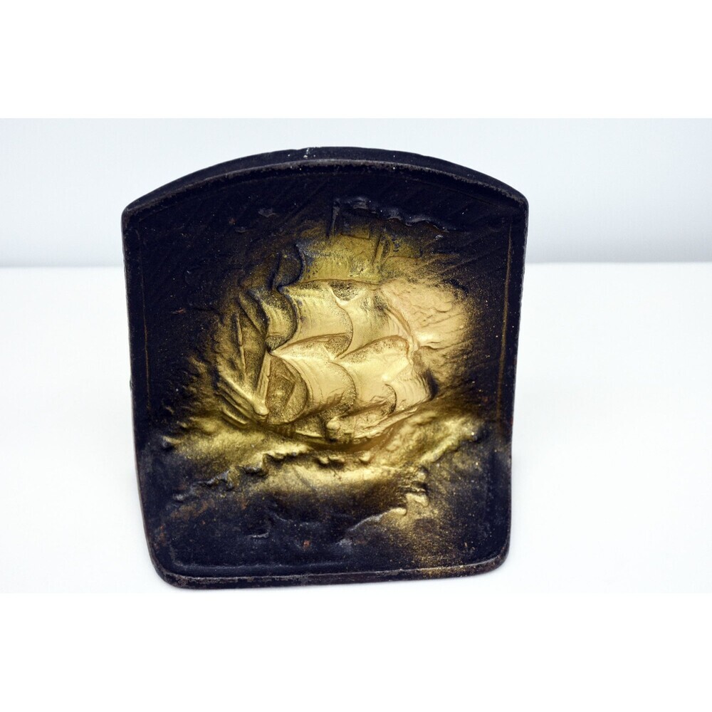 Antique - Vintage Cast Iron Gold Tone Finish Clipper Ship Bookend - Nautical